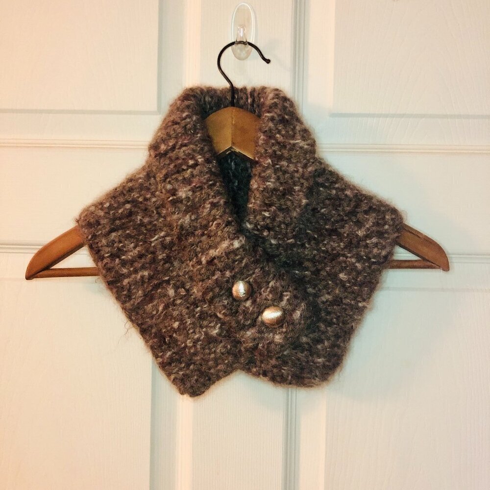 Hand Knit Cowl Neck Warmer Women/Teen Scarf Brown Fuzzy Toggle Button
